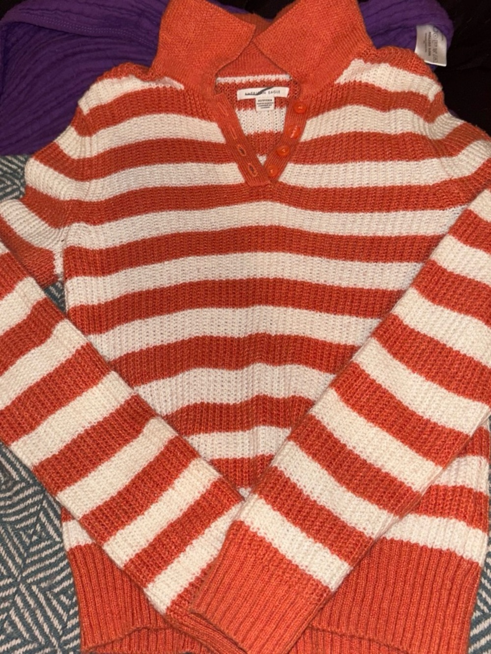 American Eagle Outfitters Orange and White Striped V-Neck Knit Sweater